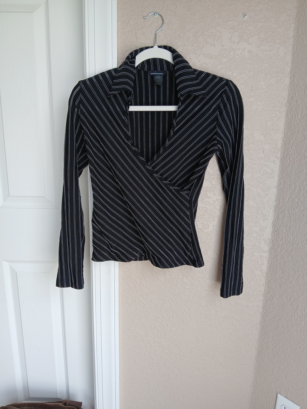 Moda International Black Pinstripe Wrap-Style Button Down Top